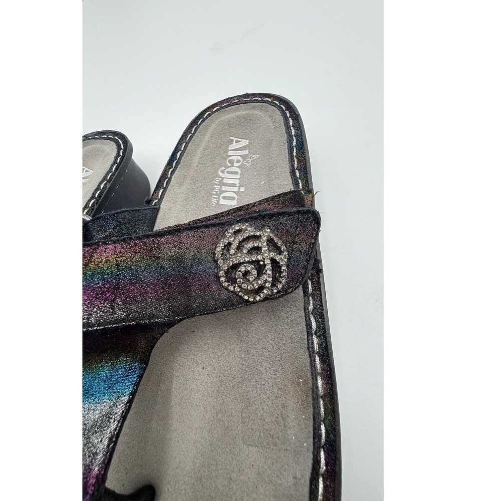 Alegria Carina Rainbow Metallic Leather Thong Sandals Black Rhinestone Rose 38 - Picture 6 of 10
